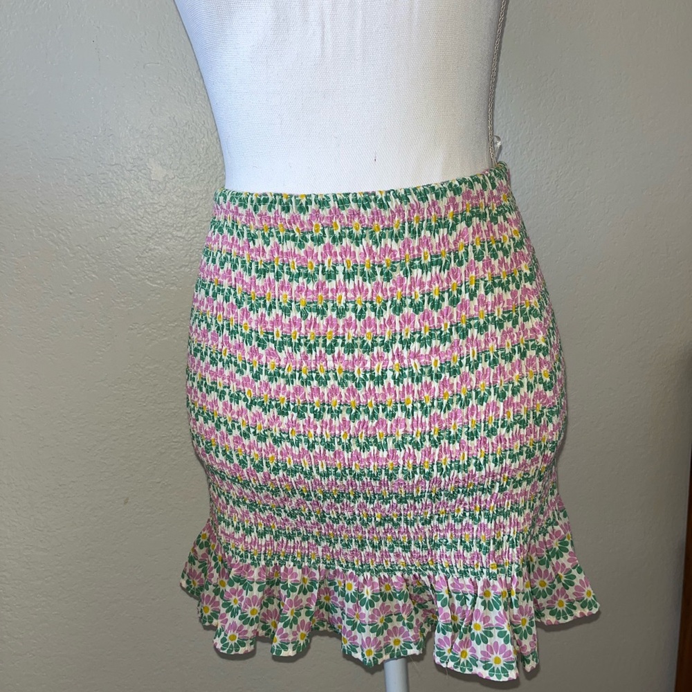 Zara Pink and Green Smocked Trumpet Mini Skirt